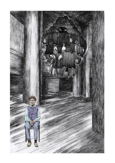 Gisele Amantea, Faux Site, Museum (chandelier with guard), 2017