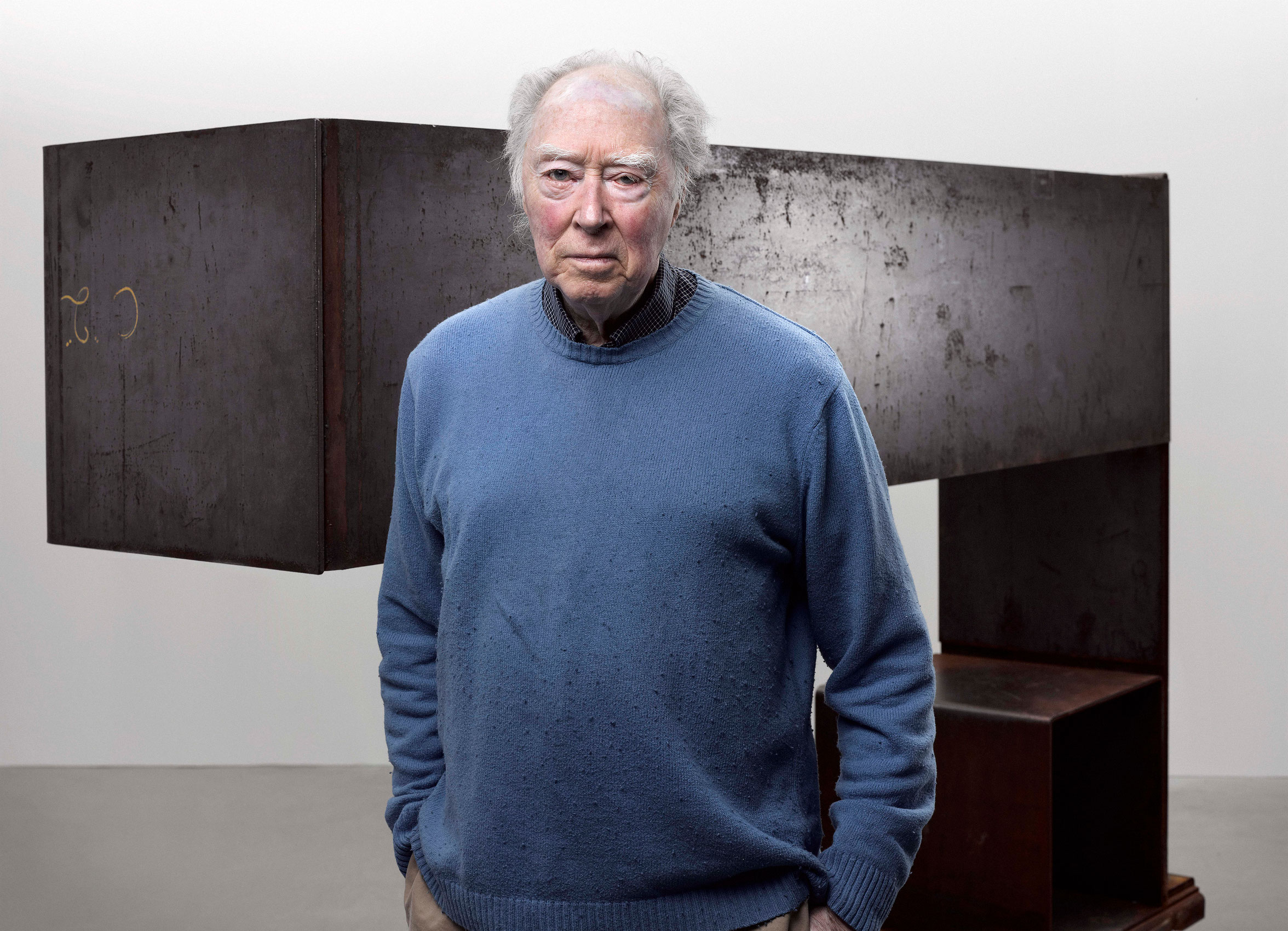 Michael Snow in 2012 with <em>Seated Sculpture</em> (1982, Art Gallery of Ontario Collection)
