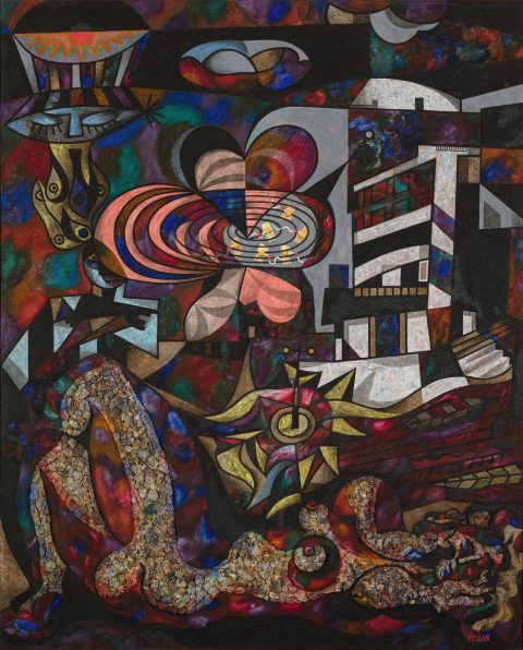 Calme obscur, 1944-1947, Alfred Pellan, Huile, silice et mâchefer sur toile marouflée sur contreplaqué.