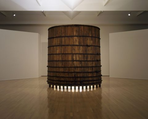 Château d’eau : lumière mythique, 1997, Cedar, metal, mirrors, narwhal ivory tusks, motor and light.
