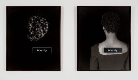 ID, 1990, Lorna Simpson, 2 épreuves à la gélatine argentique, encadrements et plaques de plastique gravées, 3/4.